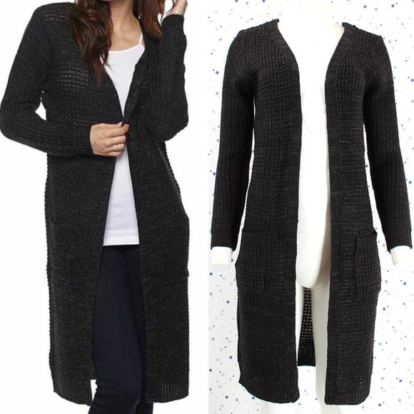 Black Charcoal Waffle Knit Duster Long Sweater Cardigan - Picture 1 of 7